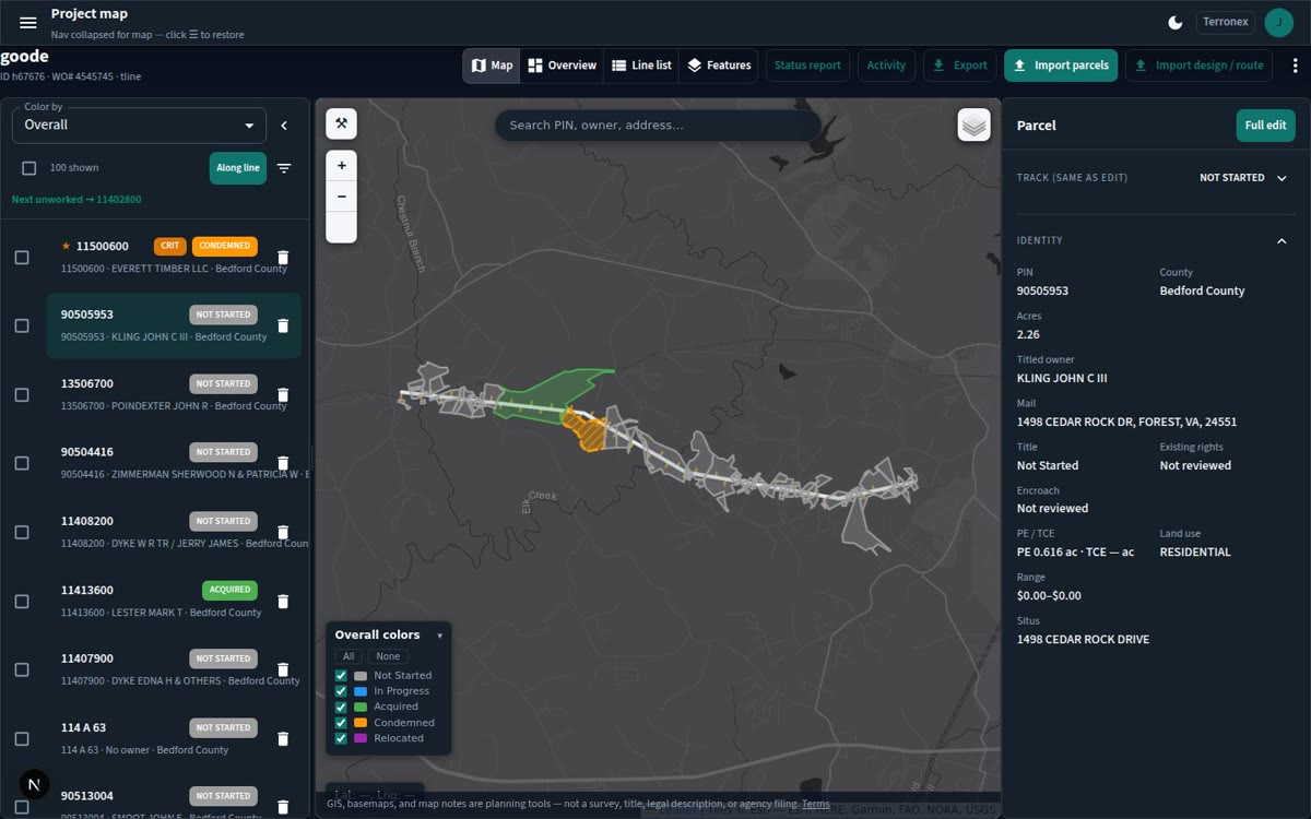 ROWFlow map workspace with parcel list and identity side panel