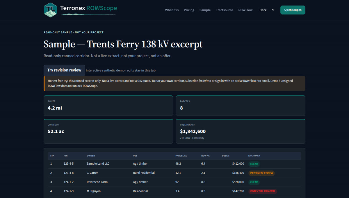 ROWScope overview — sample corridor basis-of-estimate with take table