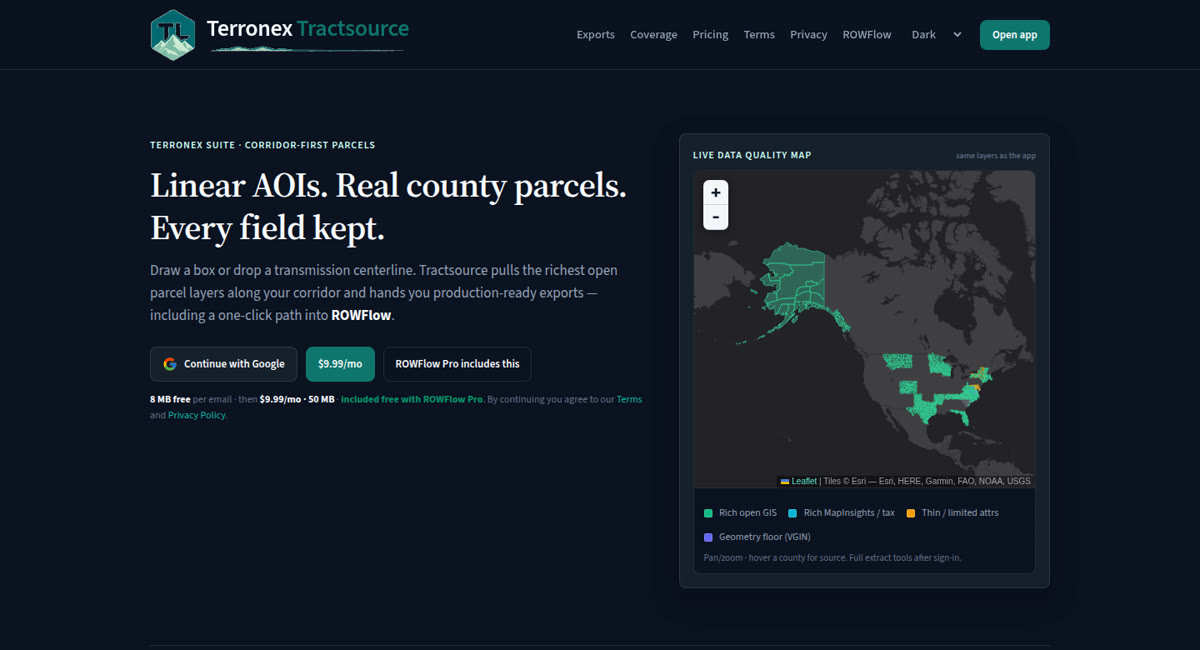 Tractsource main screen — live county data quality map